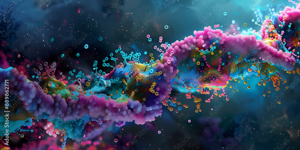 Vibrant DNA Strand in Molecular Space, Artistic Representation of Genetic Code Vibrant DNA Strand in Molecular Space, Artistic Representation of Genetic Code