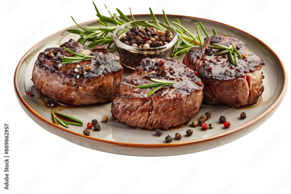 Delicious grilled beef steaks with pepper sauce and rosemary, arranged on a plate, isolated on a clean white background Delicious grilled beef steaks with pepper sauce and rosemary, arranged on a plate, isolated on a clean white background