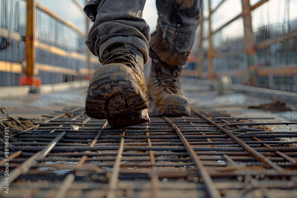 Construction worker walking steadily on metal platform at construction site Construction worker walking steadily on metal platform at construction site