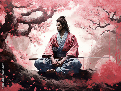 Samurai Meditating Under Cherry Blossom Tree © vista