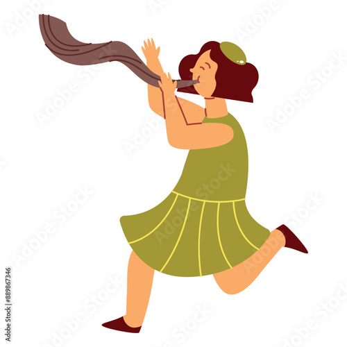 woman blowing shofar horn for the jewish new year