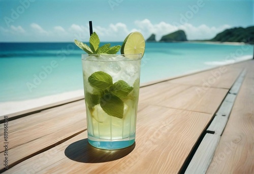 A refreshing mojito on a wooden deck overlooking the turquoise ocean, with a clear blue sky at midday. 