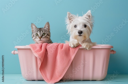 Kitten and Puppy in Bathtub with Pink Towel
Adorable kitten and puppy sitting together in a pink bathtub with a pink towel, set against a blue background.