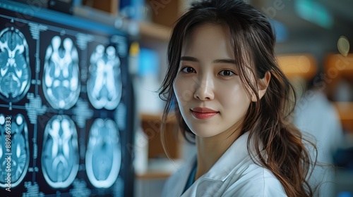 
In a modern biotechnology research center, a female Asian neuroscientist is using an interactive touch screen table to examine MRI scans. The table displays detailed images of brain scans, and she is