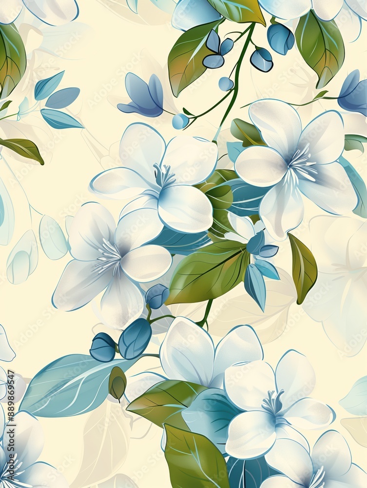 Fototapeta premium Elegant Floral Pattern with White and Blue Flowers Beautiful seamless pattern featuring elegant white and blue flowers with green leaves on a light background, perfect for textiles and wallpapers.