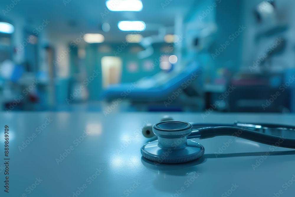 Stethoscope on Table with Hospital Room Background Stethoscope on Table with Hospital Room Background