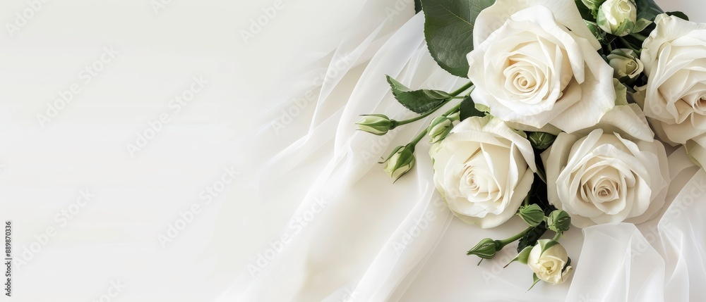 Delicate White Roses on Flowing Chiffon Fabric Delicate White Roses on Flowing Chiffon Fabric