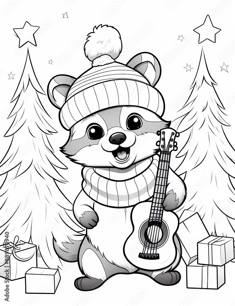 Fototapeta premium A cute cartoon raccoon wearing winter , playing guitar in front of Christmas trees and presents coloring page for kids with crisp lines and white background
