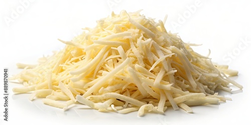 Close-up of grated mozzarella cheese on a white background, grated, mozzarella, cheese, food, ingredient, dairy, cooking
