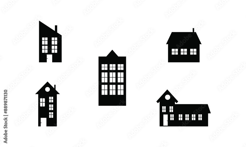Building and houses silhouettes set in black and white, Building and houses vector set