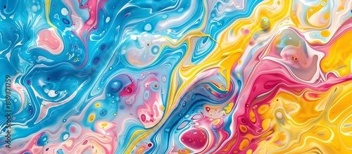 Intricate patterns created by liquid paint swirls in various colors, including blue, yellow, pink, and red on paper.