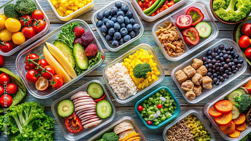 Colorful and nutrient-packed meal prep with a variety of fruits, vegetables, and proteins, Meal prep, colorful, nutrient-packed Colorful and nutrient-packed meal prep with a variety of fruits, vegetables, and proteins, Meal prep, colorful, nutrient-packed