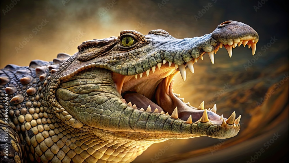 Obraz premium Crocodile with a fearsome face roaring like prehistoric dinosaurs, crocodile, faceroaring, prehistoric, animals, reptile