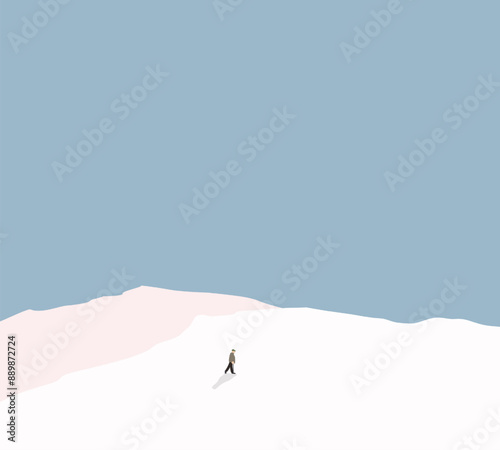 Old man with walking cane walk on snow mountain under blue sky. Active retirement. Healthy winter sport. Enjoying vacation. 