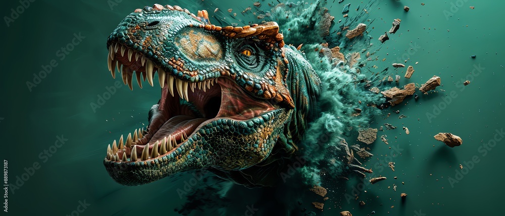 A fierce dinosaur head breaking out of a green wall, creating an intense and imaginative visual effect A fierce dinosaur head breaking out of a green wall, creating an intense and imaginative visual effect