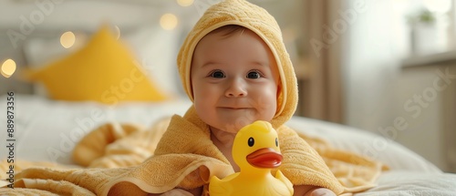 Baby with hooded towel and rubber duck, bright room, happy expression, medium shot photo