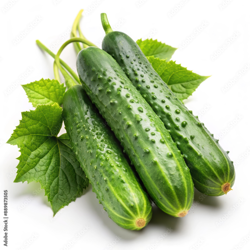 Fresh Green Cucumbers with Leaves isolated on white background Fresh Green Cucumbers with Leaves isolated on white background