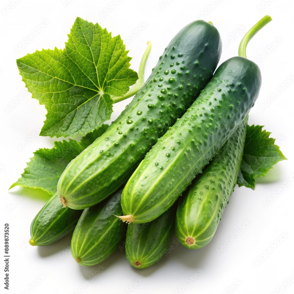 Fresh Green Cucumbers with Leaves isolated on white background Fresh Green Cucumbers with Leaves isolated on white background