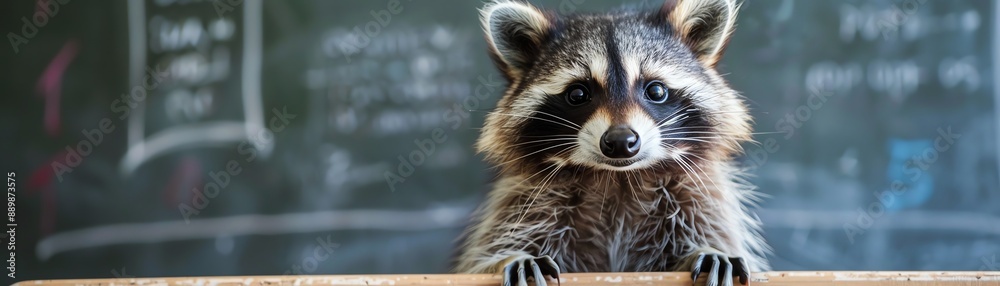 Cute raccoon standing by whiteboard, classroom setting