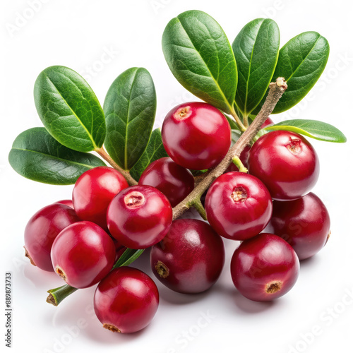 Fresh Lingonberry Sprig with Ripe Berries isolated on white background