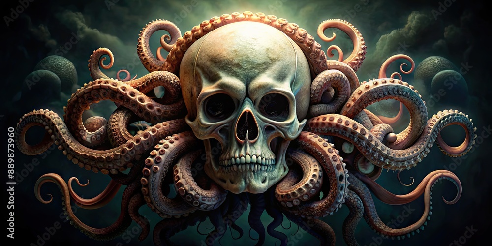 Fototapeta premium Creepy skull engulfed in octopus tentacles, perfect for horror or Halloween designs, skull, octopus, tentacles, spine-chilling