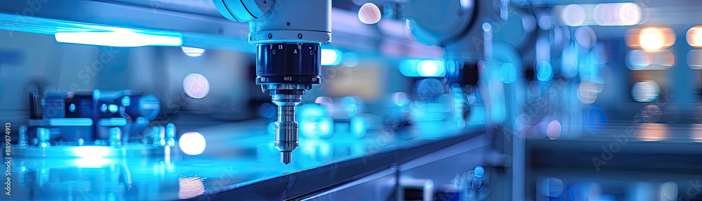 Close-up of industrial automation equipment in a high-tech manufacturing facility with blue lighting. Close-up of industrial automation equipment in a high-tech manufacturing facility with blue lighting.
