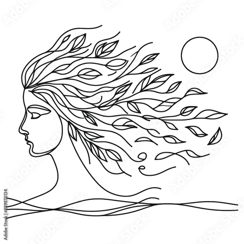 One continuous stroke depicts a woman's visage melding with wind-swept foliage in elegant simplicity.