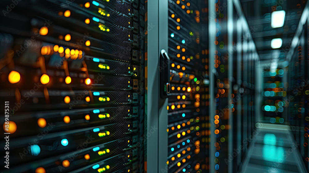 Data center with illuminated server racks and cables, showcasing modern technology and high-performing network infrastructure. Data center with illuminated server racks and cables, showcasing modern technology and high-performing network infrastructure.