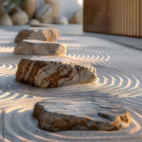 Serene Japanese Rock Garden with Carefully Raked Sand and Weathered Stone Formations in Soft Natural Light photo