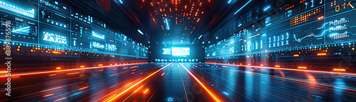 Futuristic data center with glowing LED screens displaying analytics, technology, and digital information in a blue and orange theme.