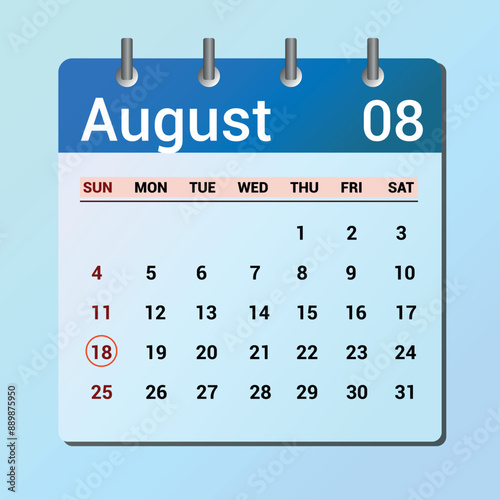 vector page of August month calendar and highlighted date August 18