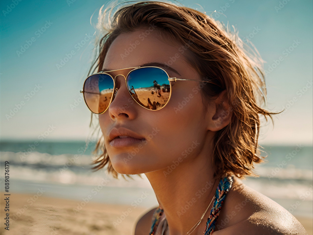 A close-up of a model wearing aviator sunglasses on a sunny beach. A close-up of a model wearing aviator sunglasses on a sunny beach.