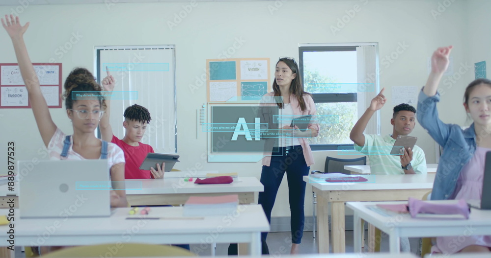 Image of ai data processing over diverse students at school Image of ai data processing over diverse students at school