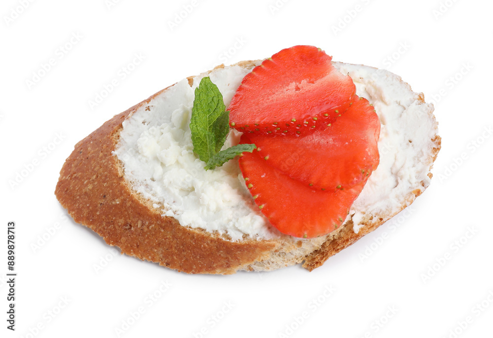 Delicious bruschetta with fresh ricotta (cream cheese), strawberry and mint isolated on white, top view Delicious bruschetta with fresh ricotta (cream cheese), strawberry and mint isolated on white, top view