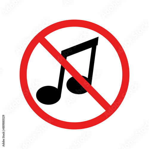 No music allowed icon. Black notes crossed. Red circle symbol. Vector illustration.