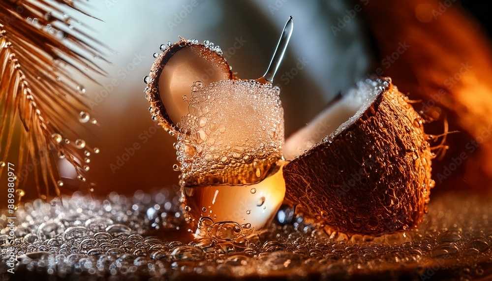 chilled coconut drink in a glass, condensation beading, capturing the essence of a tropical chilled coconut drink in a glass, condensation beading, capturing the essence of a tropical