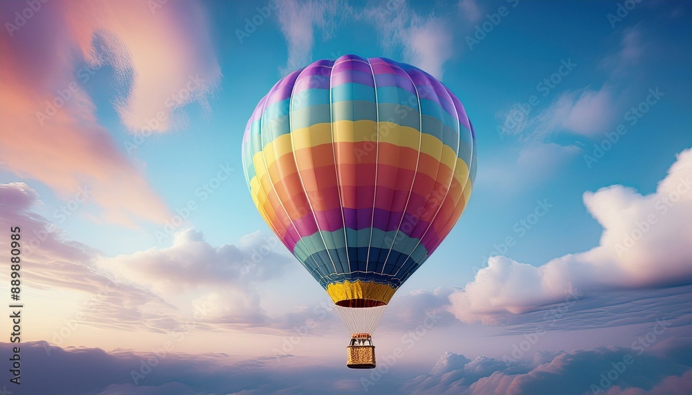 Fototapeta premium A colorful hot air balloon floating in a clear sky, with minimal clouds and a soft gradient 
