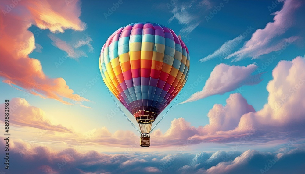 Fototapeta premium A colorful hot air balloon floating in a clear sky, with minimal clouds and a soft gradient