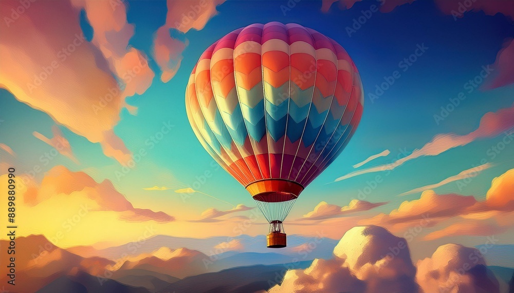 Fototapeta premium A colorful hot air balloon floating in a clear sky, with minimal clouds and a soft gradient