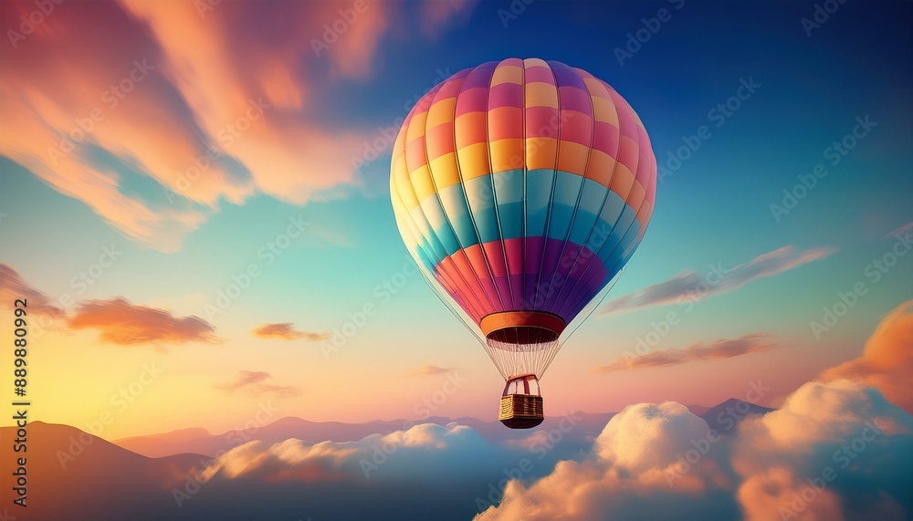 Fototapeta premium A colorful hot air balloon floating in a clear sky, with minimal clouds and a soft gradient