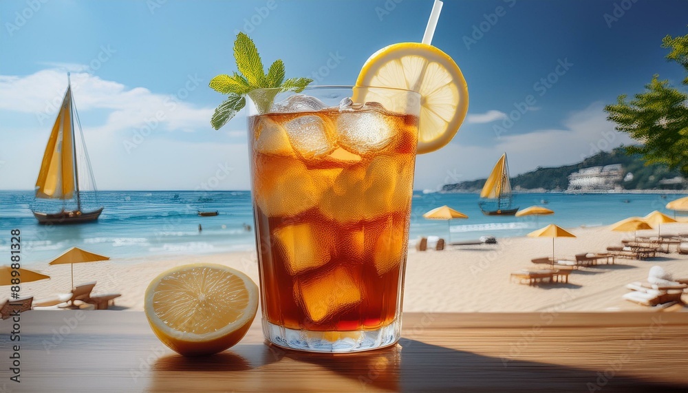 An elegant glass of iced tea with lemon slices, condensation forming on the surface, showcase