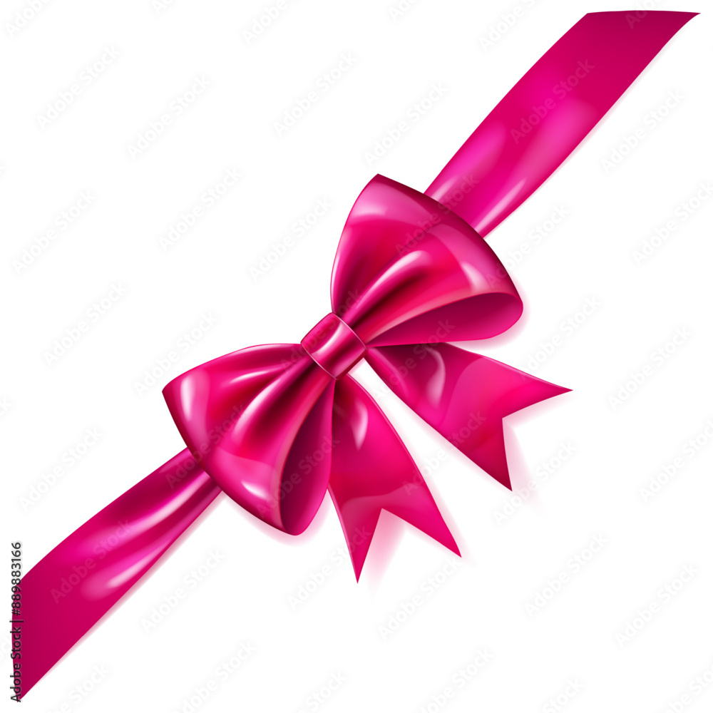 Beautiful large pink shiny bow with diagonal ribbon and soft shadow on white background. Beautiful large pink shiny bow with diagonal ribbon and soft shadow on white background.