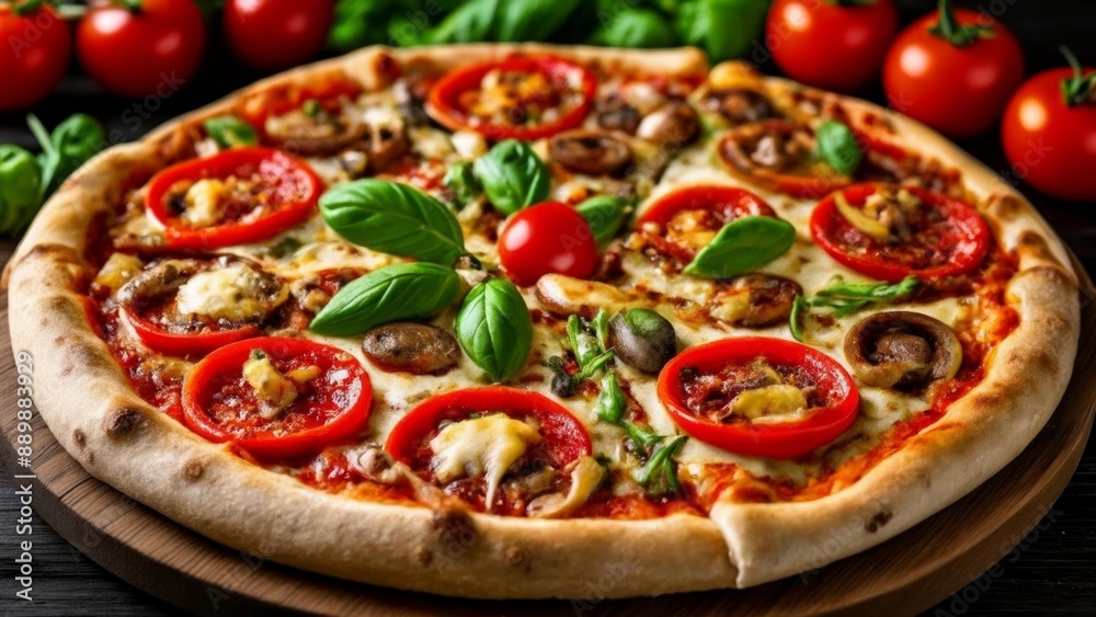 Freshly baked pizza with vibrant toppings ready to be savored Freshly baked pizza with vibrant toppings ready to be savored