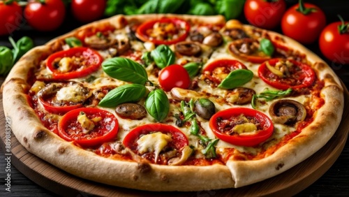  Freshly baked pizza with vibrant toppings ready to be savored