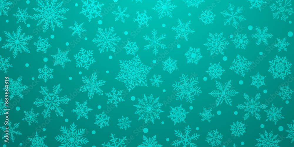 Christmas background of beautiful complex snowflakes in light blue colors. Winter illustration with falling snow.