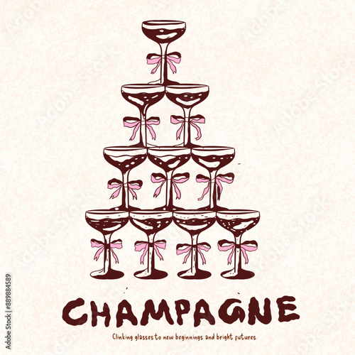 Champagne Tower Illustration Clipart, wedding, wedding stationery and signage, cocktails, champagne glasses clink drawing outline, coquette clipart,  champagne cheers
