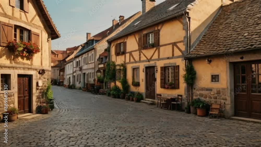 A quaint European village with cobblestone streets and old buildings A quaint European village with cobblestone streets and old buildings