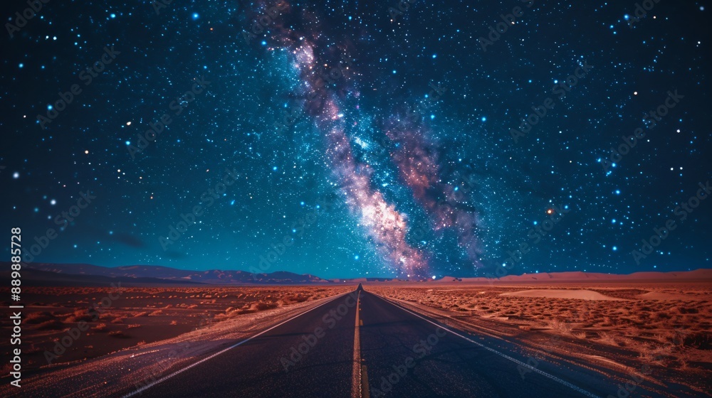Naklejka premium Long road under a captivating night sky filled with stars and the Milky Way, showcasing the beauty of the universe and endless possibilities.