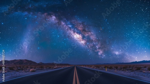 Breathtaking night sky with Milky Way over an empty road, showcasing the beauty of stars and galaxy in the desert landscape.