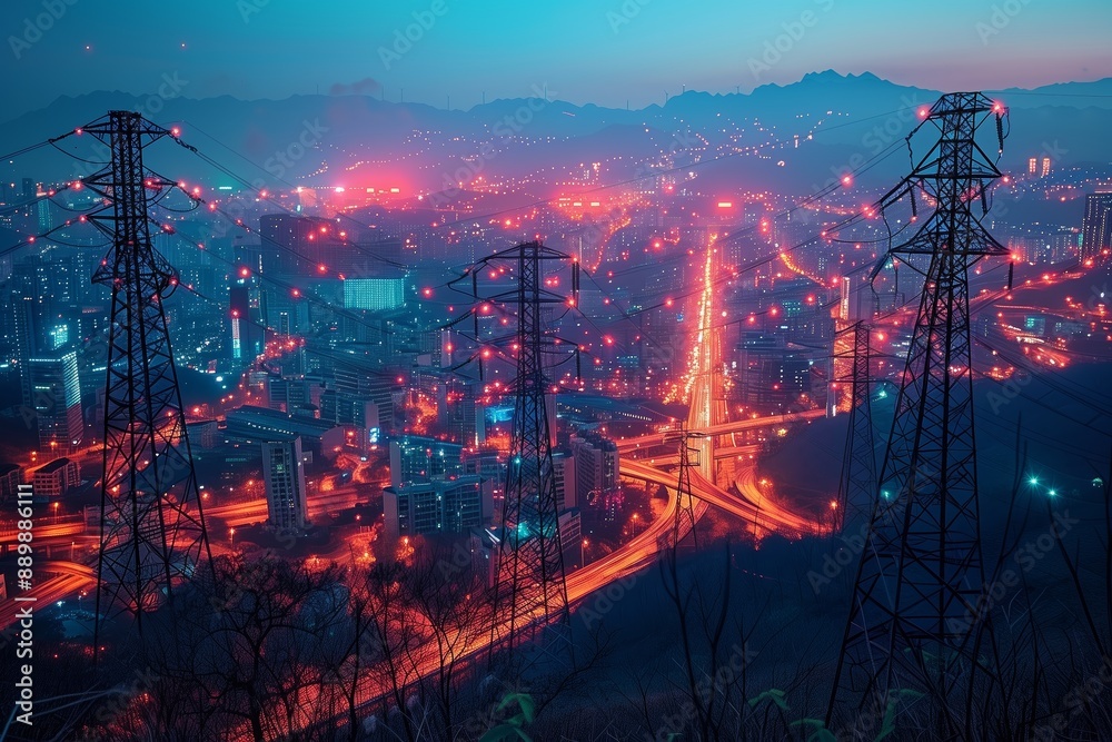 Fototapeta premium Nighttime View of a City With Power Lines and Streetlights